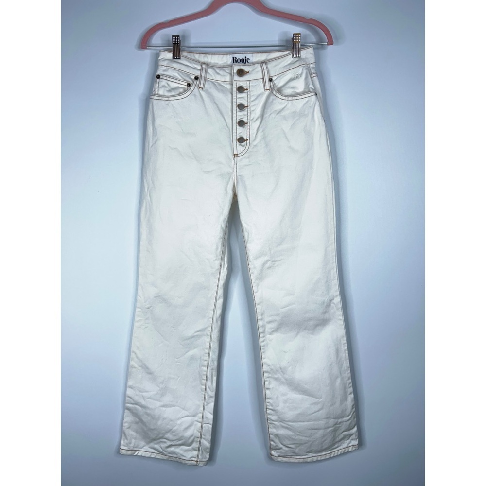 Rouje Bastille Jeans Cream High Waist Exposed Button Fly Crop Flare Size 27